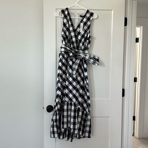 Sleeveless faux-wrap dress in gingham cotton poplin